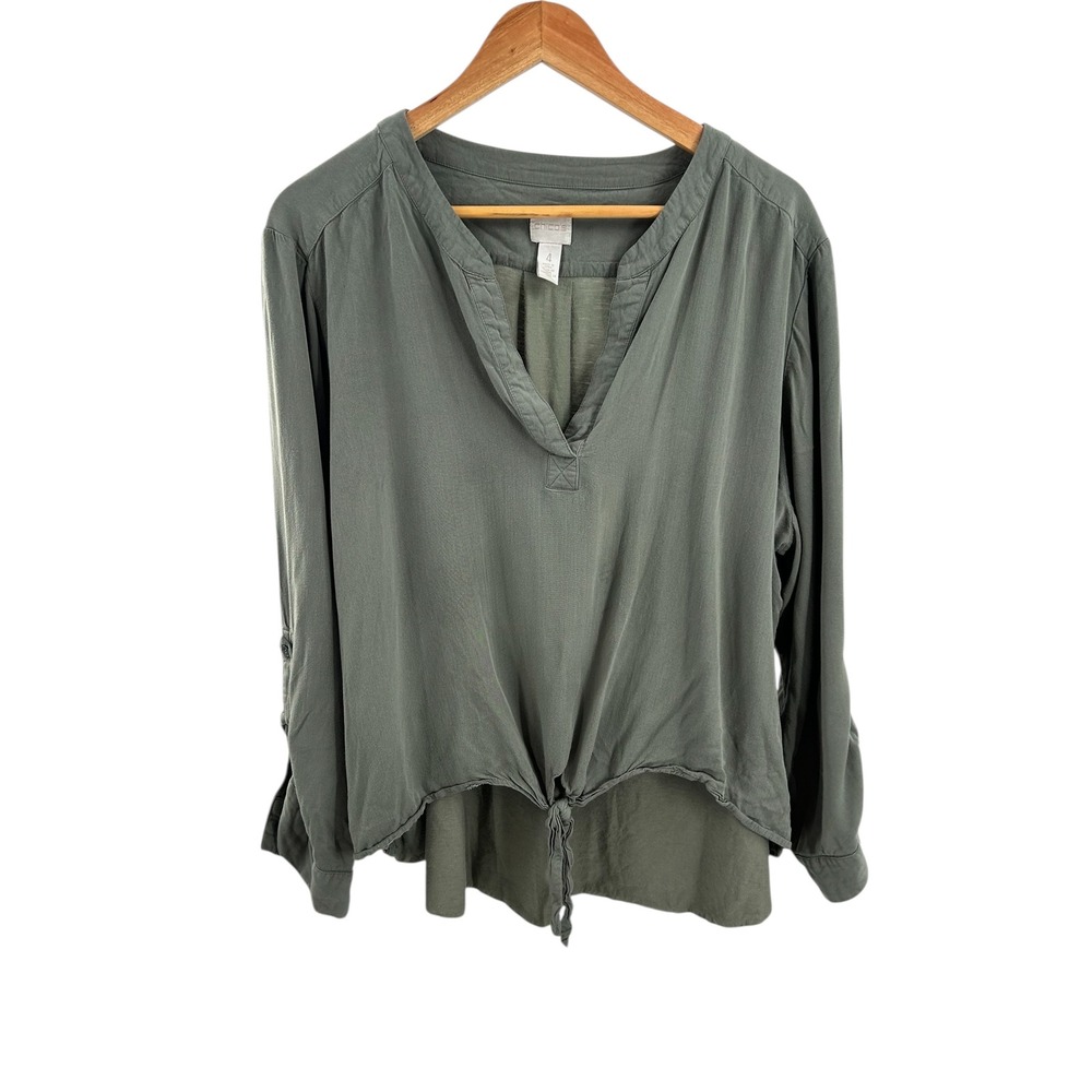 Chico's 4 XXL Olive Green Tie Front High Low Tunic Top Long Sleeve